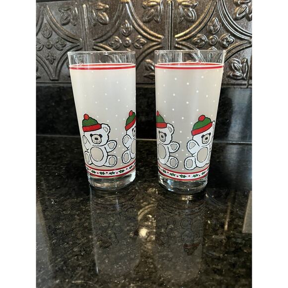 Libbey Teddy Bear Christmas Sweater Tumblers Glasses Set of 2 Vintage 90s - Picture 2 of 5